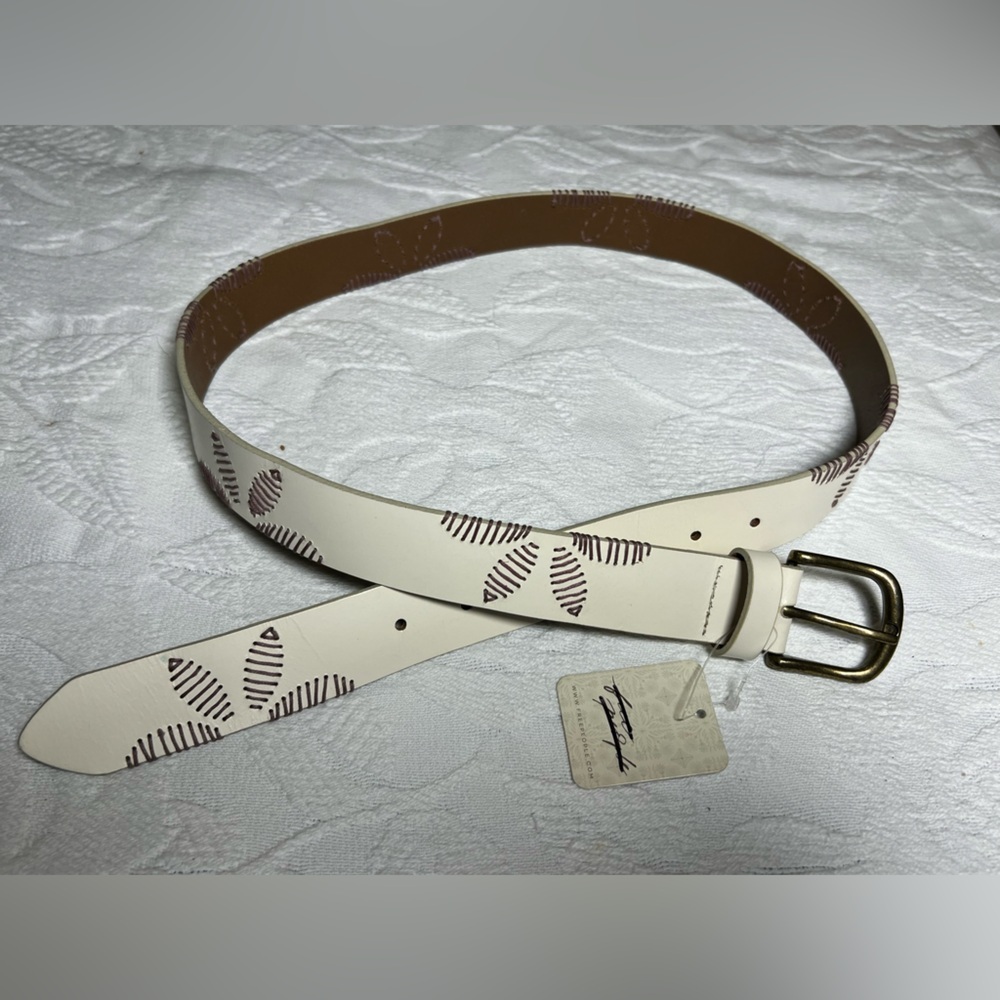Free People White Leather Belt with Purple - Brown Embroidery, M/L